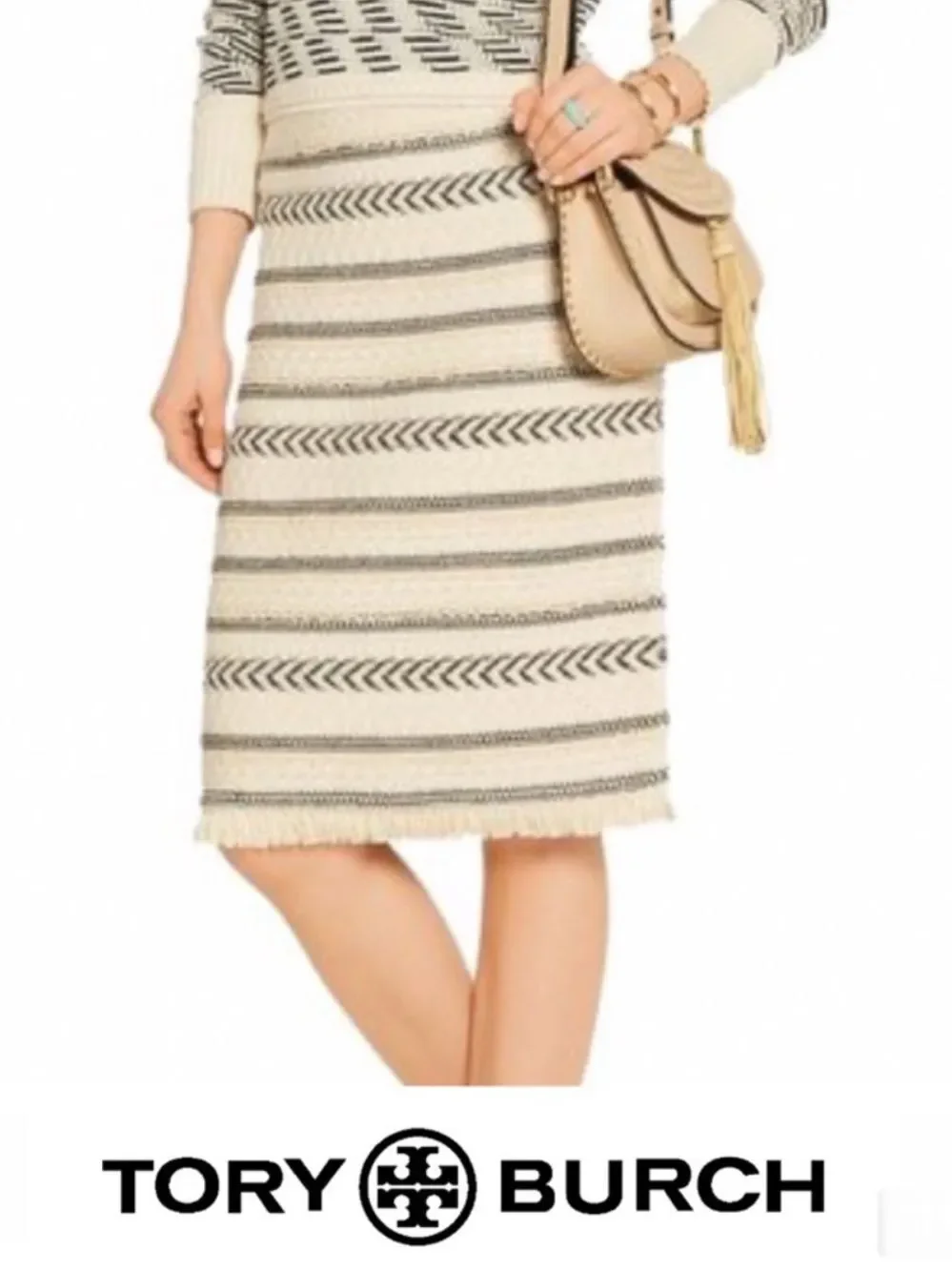 TORY BURCH L Beige Jacquard Tweed Fringe Wool Blend Sweater Pencil Skirt